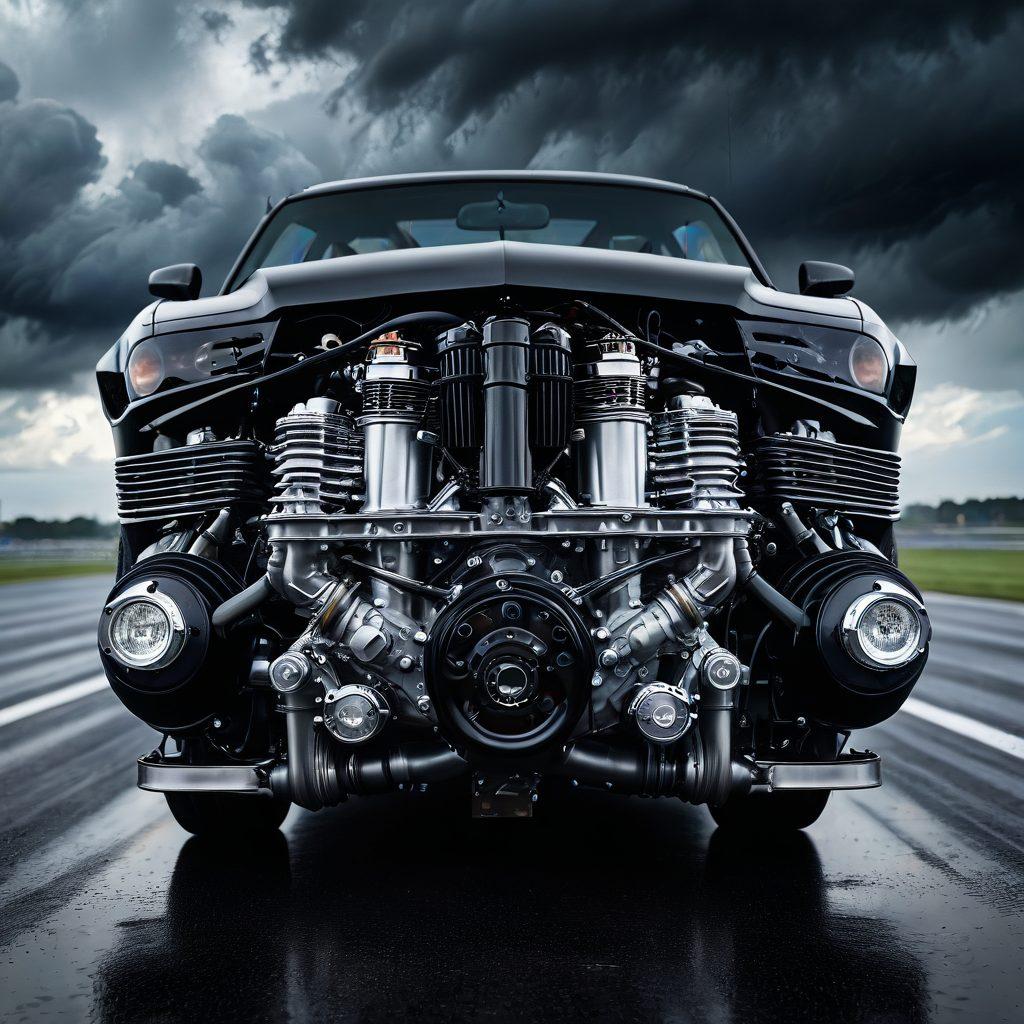 A close-up of a high-performance V12 engine, glistening with oil, juxtaposed against a blurred backdrop of a racetrack under stormy skies. Wisps of dark smoke swirl around the engine, symbolizing heartache, while raindrops trickle over the high-gloss surface, reflecting the melancholic mood. Include symbolic details like a racing flag fraying in the wind, evoking loss and speed. super-realistic. dark tones with vibrant highlights.