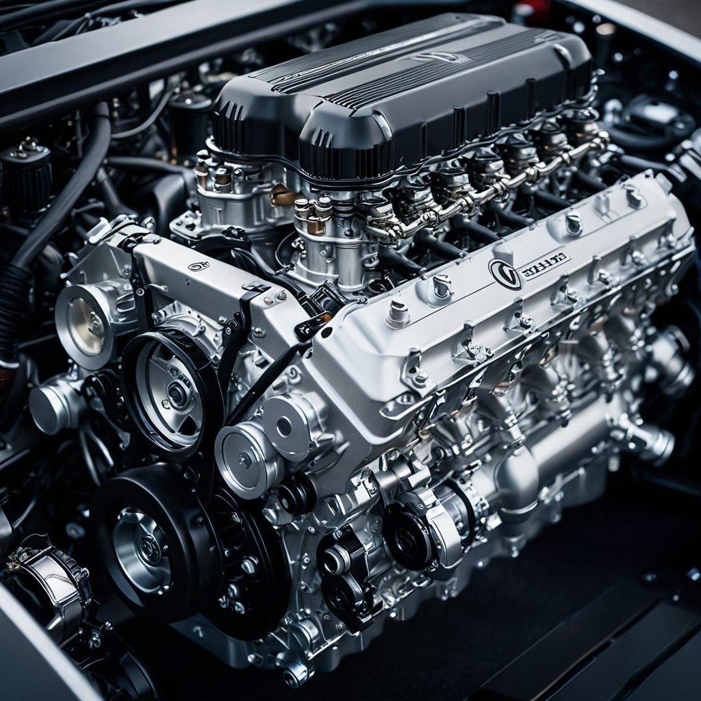 A close-up of a powerful V12 engine, showcasing intricate mechanical details, surrounded by soft, emotive light that symbolizes the unseen emotional weight. In the background, blurred images of racetracks and passionate mechanics enhance the theme of performance and dedication. Include subtle textures that evoke both power and vulnerability. super-realistic. muted colors. dynamic contrast.