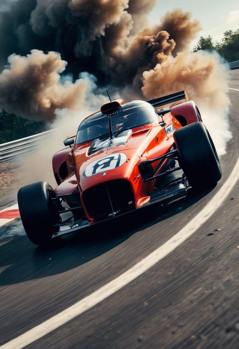 A dynamic composition showcasing a sleek V12 racing car zooming down a winding track, half of the scene filled with exhilarating speed and adrenaline, while the other half reveals the somber aftermath of a crash with shattered glass and smoke. Contrast the vibrant colors of the car with a muted palette in the wreckage, symbolizing the duality of racing. super-realistic. vibrant colors. motion blur.